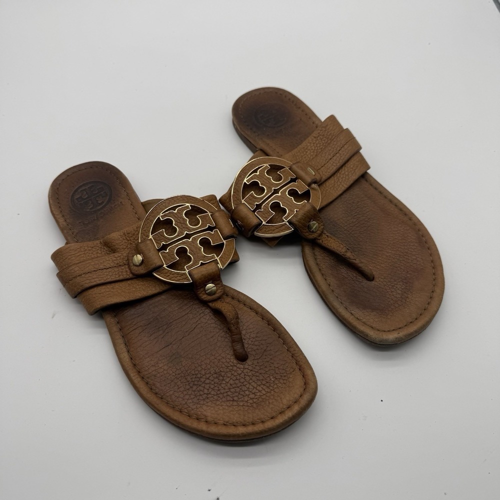 Tory Burch Metal Miller Thong Sandals Brown Leather Medallion Flip Flops Sz 8.5